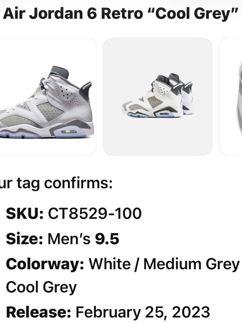 Jordan Men’s Retro 6 in White and Medium Grey
